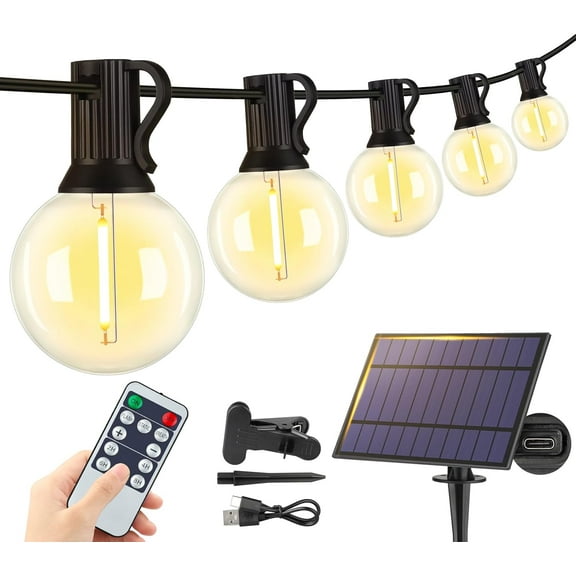 25FT Solar String Lights Outdoor with Remote, Waterproof Dimmable 3 Modes Patio Lights with 10 1 LED Shatterproof G40 Bulbs for Backyard-Black