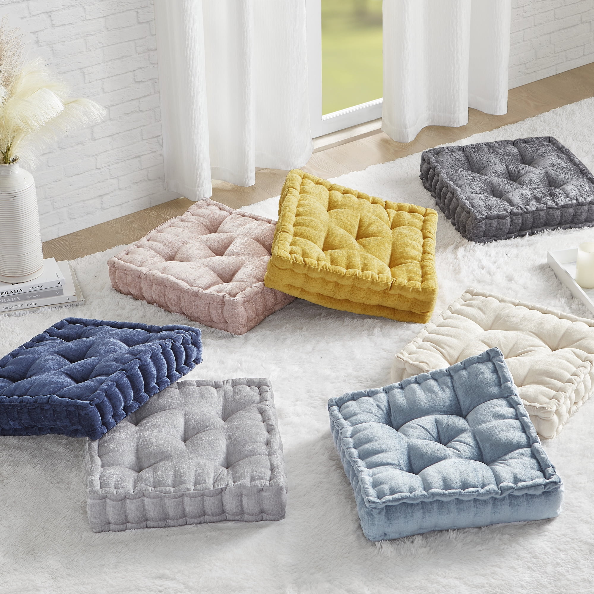 20x20 Inch Tufted Chenille Floor Cushion Pillow, Scalloped Edge Textured Polyester Square Throw Pillow with Hypoallergenic Polyester Filling, Vacuum Compressed Pack for Sofa Bedroom Home Decor