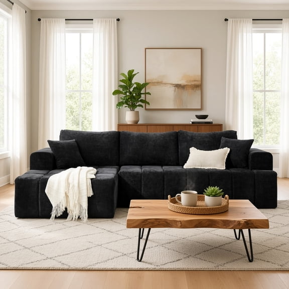 108" L-Shaped Chenille Sectional Sofa, Cloud Style Boneless Sofa with Chaise, Modern Upholstered Couch with Cup Holders & Side Pockets, Compression Sofa for Living Room, No Assembly Required,Black
