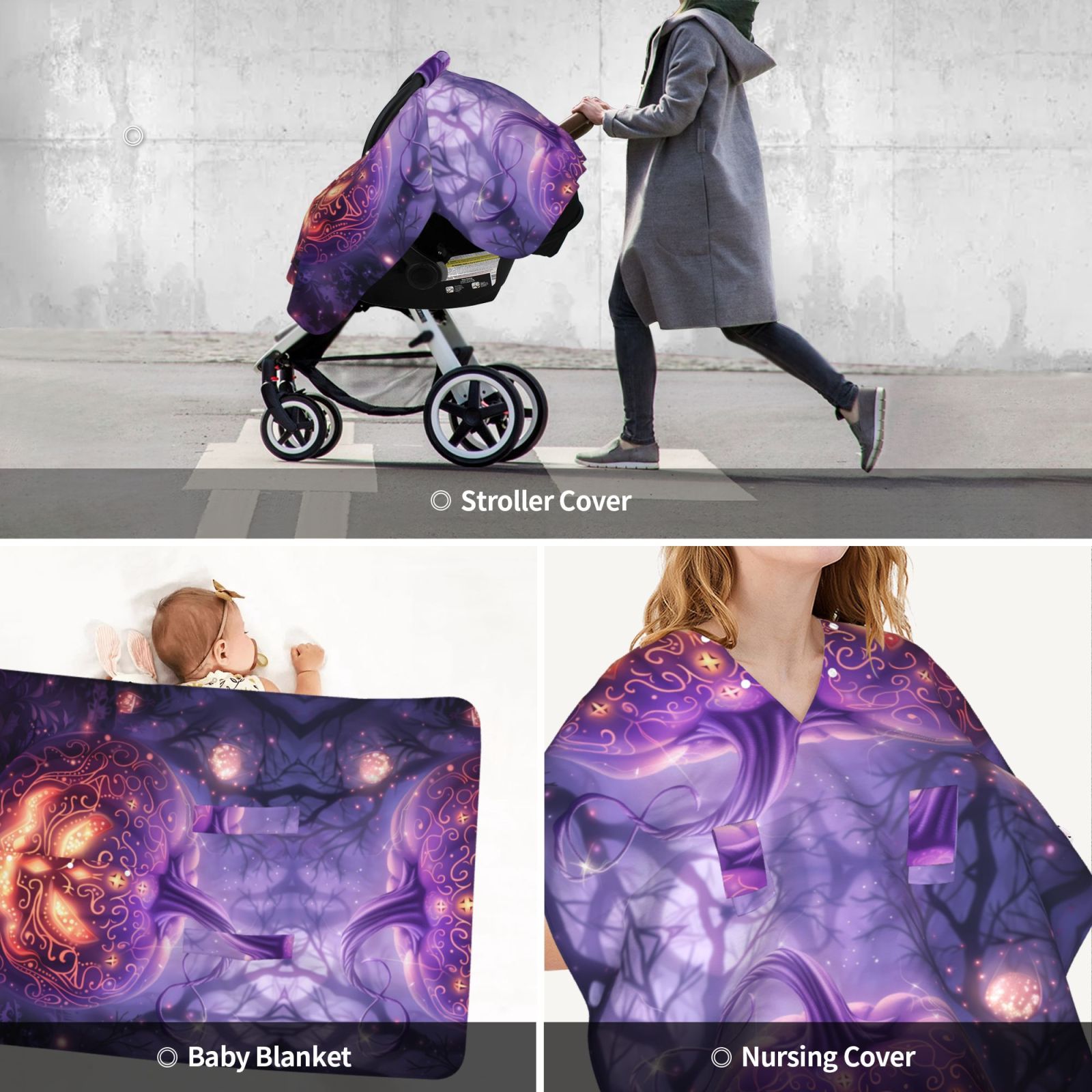 Car Seat Cover Baby - Halloween Purple Carved Pumpkin Breathable Infant Car Seat Cover for Baby Carseat, Lightweight Comfort Baby Essentials Must Haves Newborn Stuff for Girl Boy
