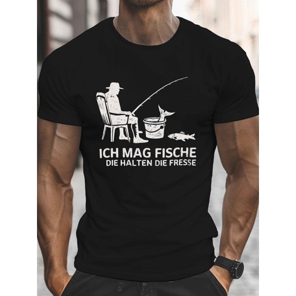 Men's Funny German Fishing Graphic T‑Shirt, Fisherman Quote Short Sleeve Crew Neck Casual Outdoor Tee