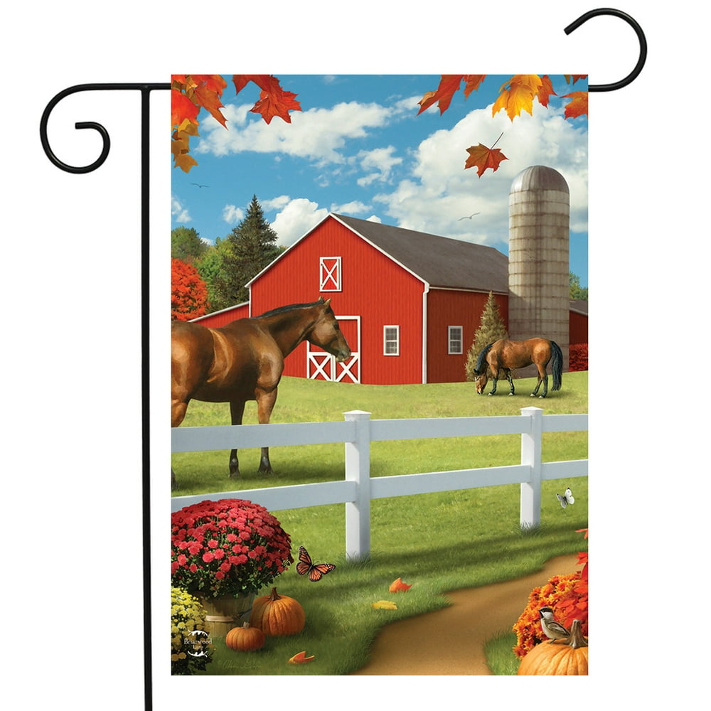 Pastures of Chance Fall Garden Flag Horses Autumn Barn