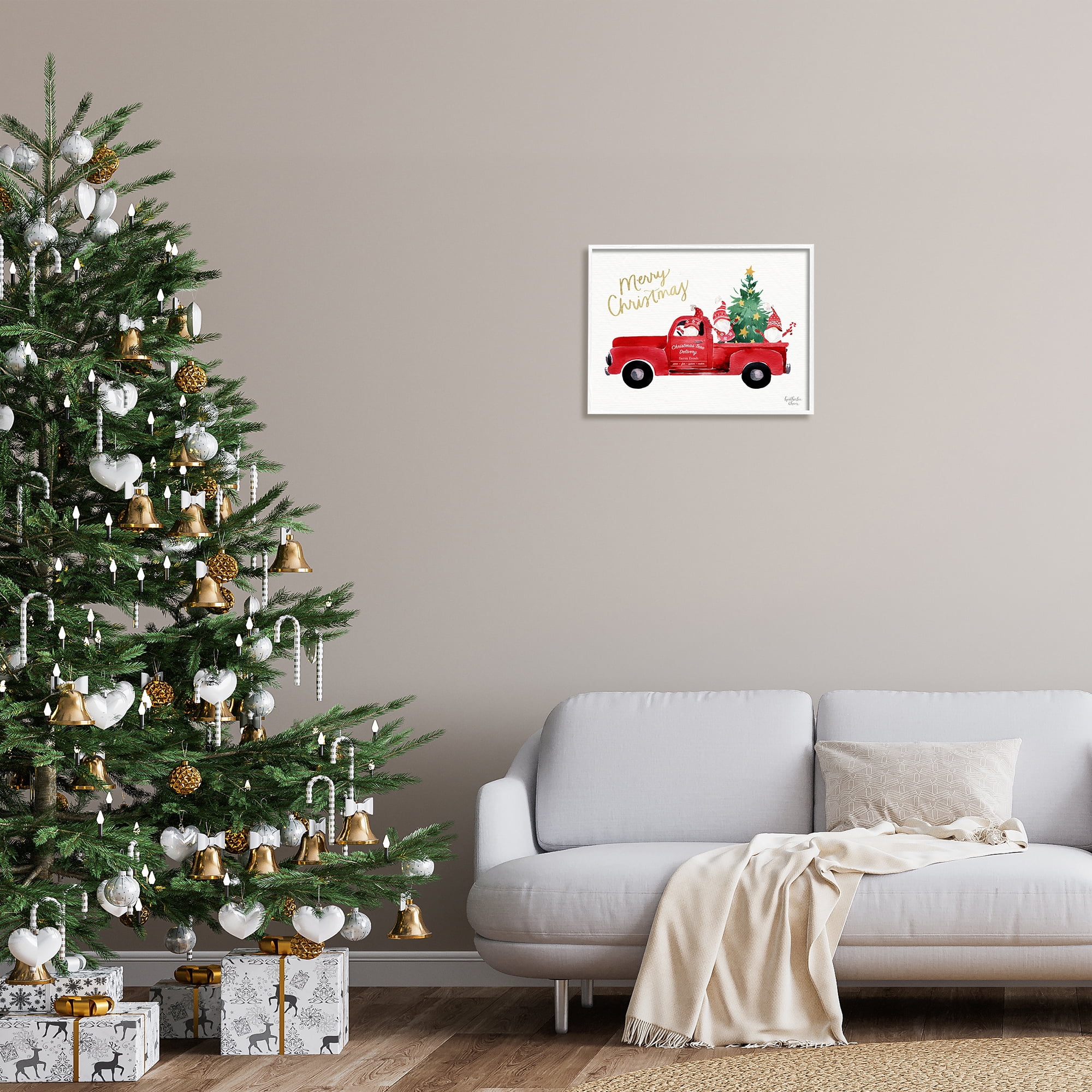 Stupell Industries Merry Christmas Holiday Red Truck Santa Gnomes & Tree Graphic Art White Framed Art Print Wall Art, Design by Heatherlee Chan