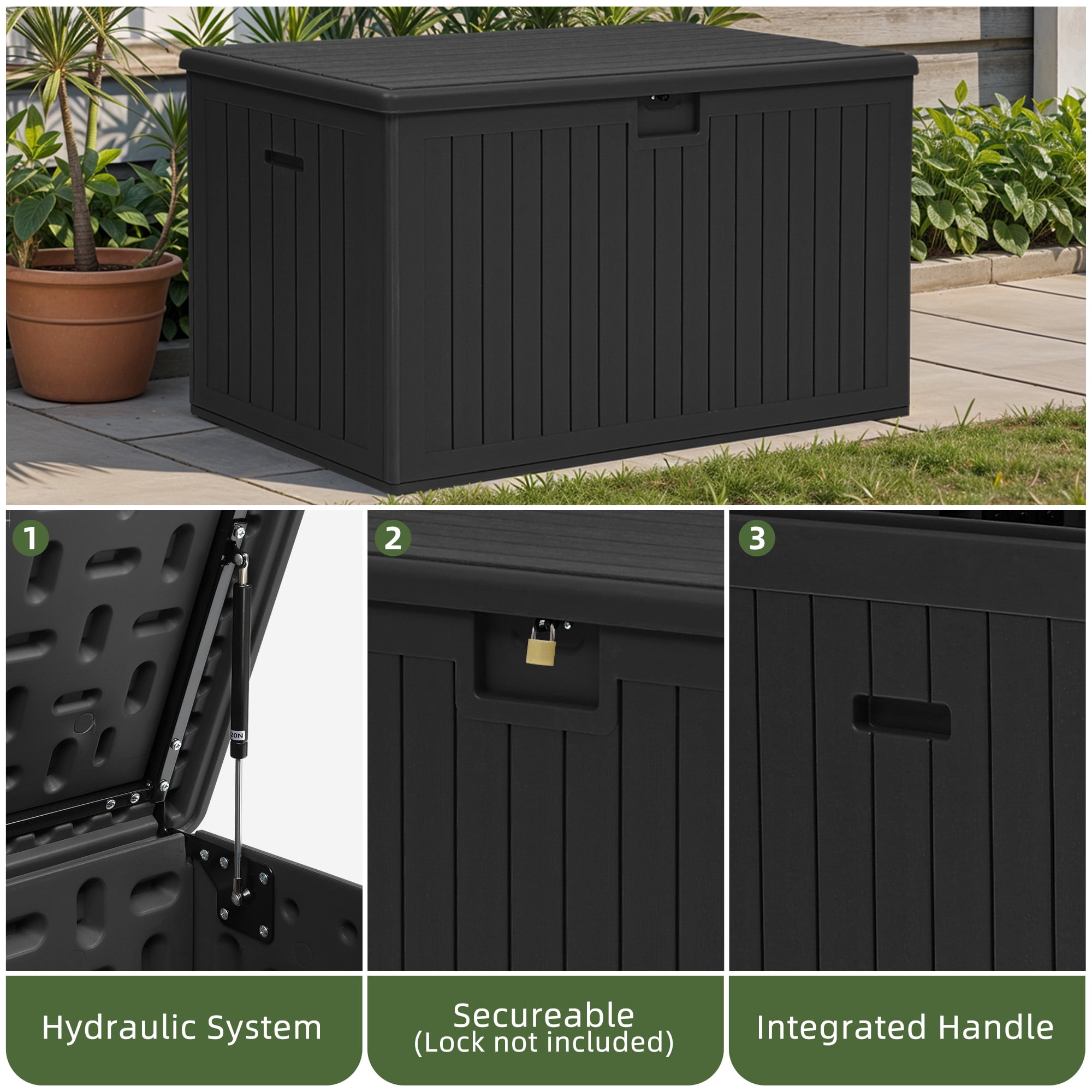 Uforic 180 Gallon Extra Large Outdoor Deck Box, Double-Wall Resin Storage Box with Flexible Divider, Lockable,‎Weatherproof,Black