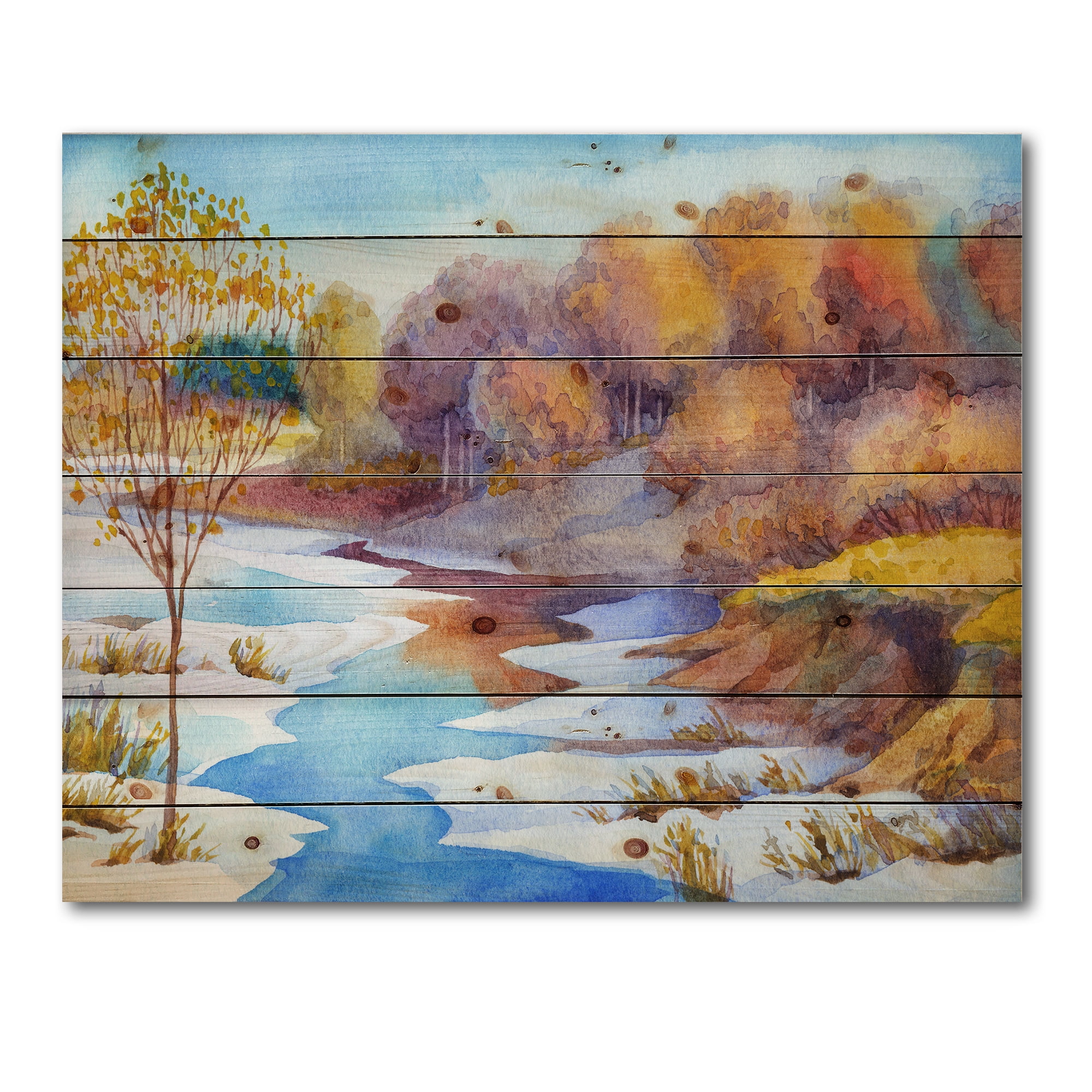 Designart 'Stream Though The Winter Forest Valley' Lake House Print on Natural Pine Wood