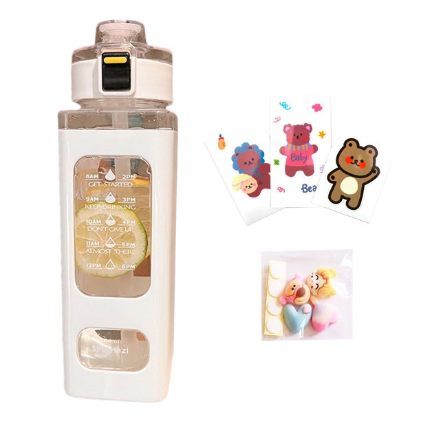 Botella 700ml Con Pajita Gran Capacidad Pegatina Oso Senderismo Acampada Correr para Exteriores Zumo Leche Fría