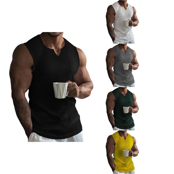 Antinious Men Solid Slim Sleeveless V-Neck Summer Notch Breathable Tank Tops