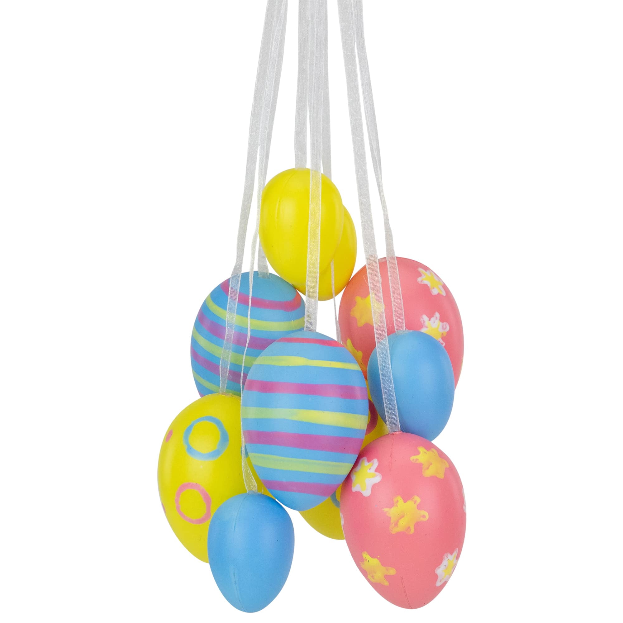 17" Pastel Yellow Blue and Pink Floral Striped Spring Easter Egg Cluster Hanging Decoration