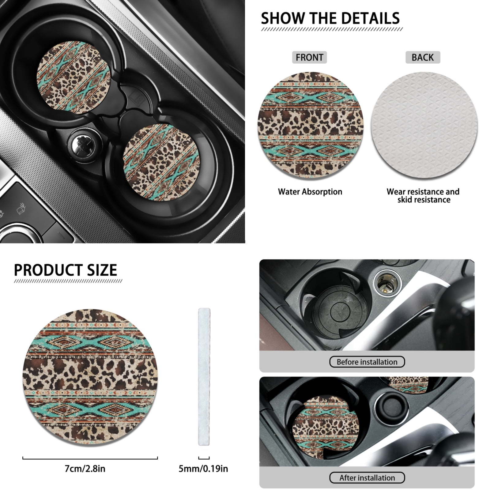 Renewold American Tribal Brown Cow Print Retro Car Seat Cover Full Set with Steering Wheel Cover Gear Shift Knob Cover Handbrake Protector Coasters Headrest Covers Fit for Most Vehicles, Set of 11