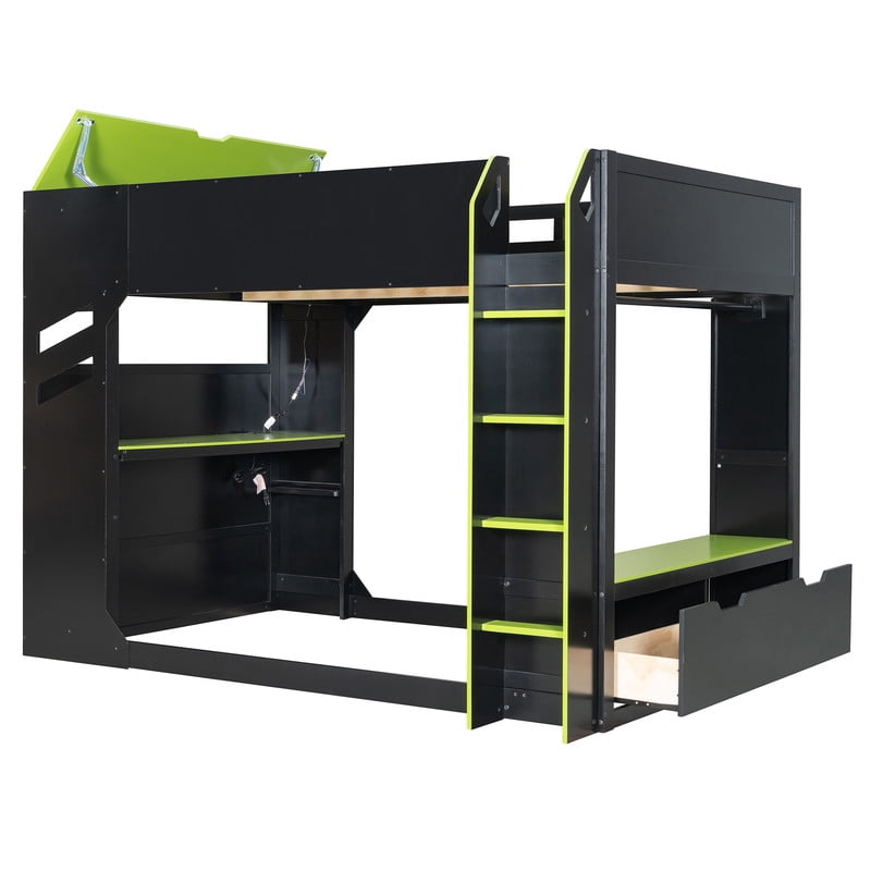 Full Size Wood Loft Bed with Height Adjustable Desk, RGB LED Lights & Storage Drawers, Gaming Loft Bed Frame with Headboard Cabinet, Hanging Rod for Bedroom
