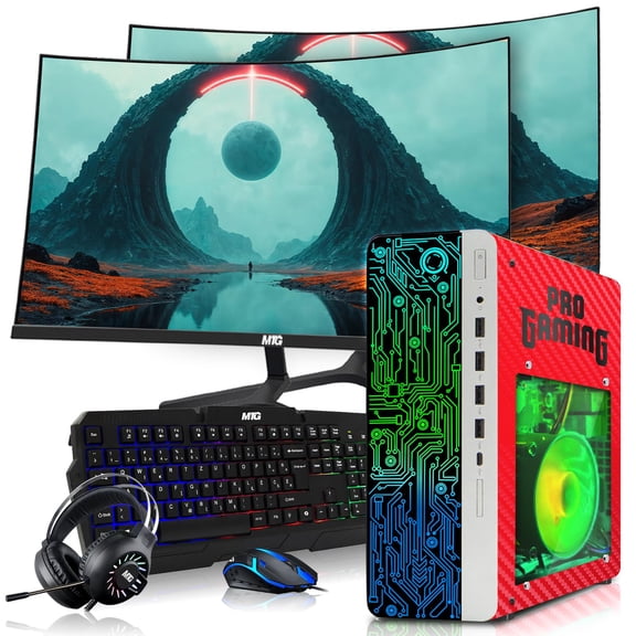 Restored HP G4 Gaming Desktop Computer PC Carbon Red AMD A10-9700,16GB RAM,256GB SSD OS+2x500GB HDD,Dual 32 Inch Curve Monitor,GT 730 Graphics,RGB KBM with AI Copilot,WiFi,RGB Headphone,Windows 11