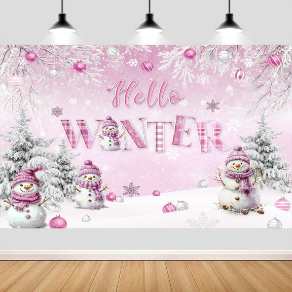 7x5ft Hello Winter Forest Backdrop, Pink Winter Snowy Forest Snowflake Snowman Christmas Photography Backdrop Background Banner Party Decorations for Baby Kids Family Photo Booth Studio Props
