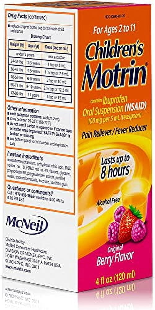 Children Motrin Dye-Free Pain & Fever Reducer, Original Berry, 4oz, 6-Pack