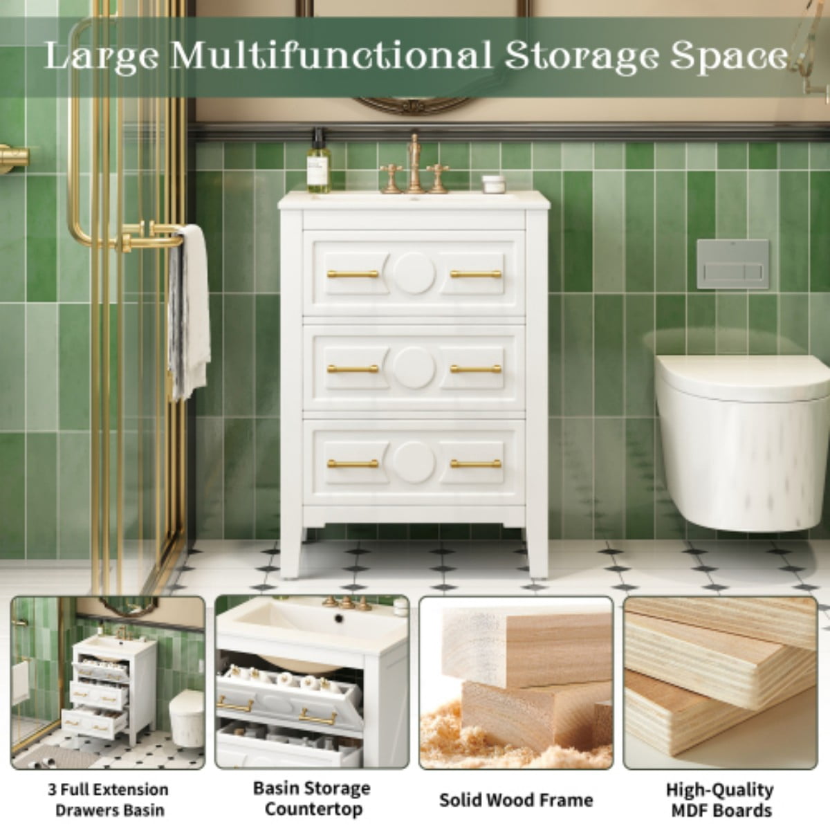 24" Bathroom Vanity with Ceramic Sink Combo, Freestanding Bathroom Storage Cabinet with 3 Drawers, Solid Wood Frame, White