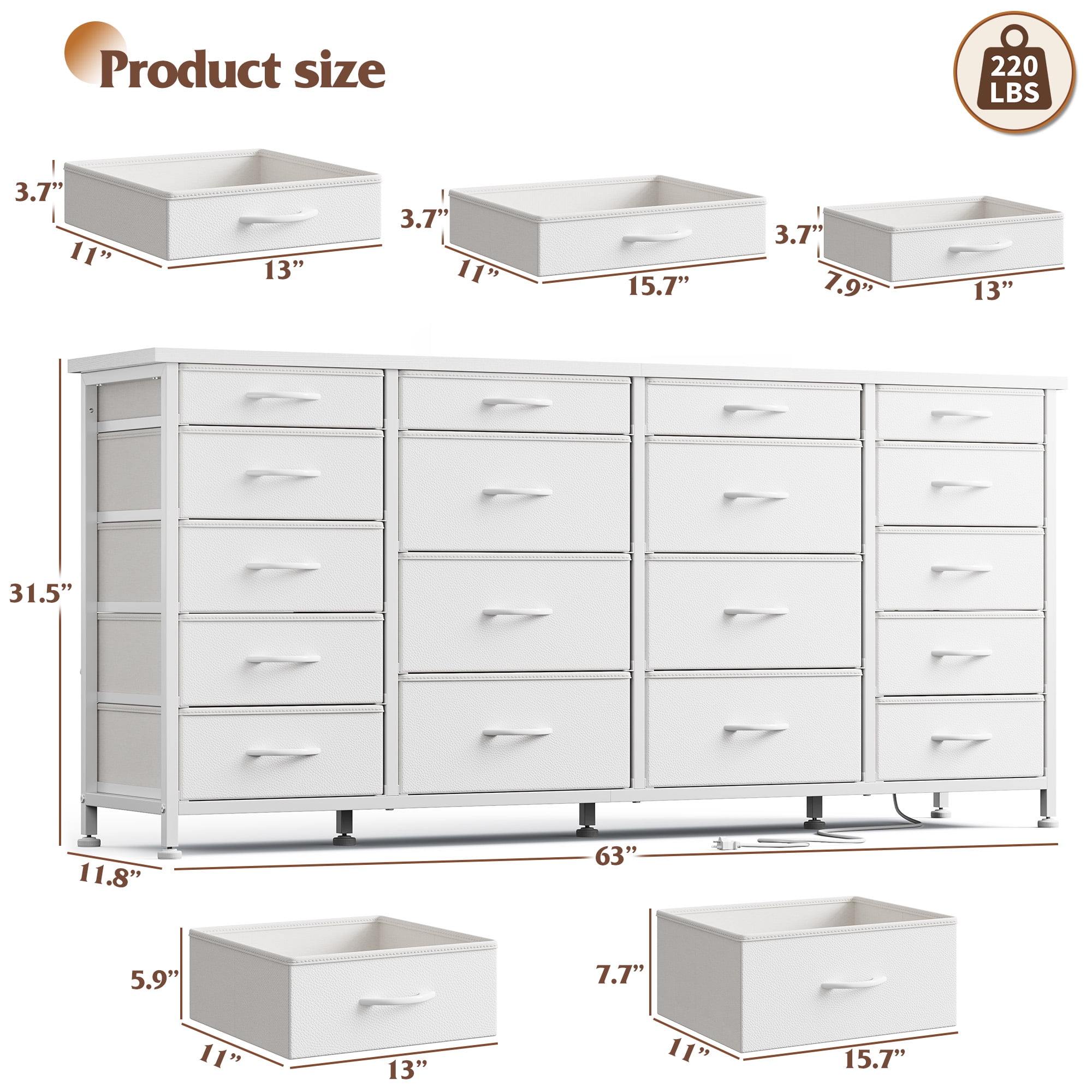 EnHomee 18 Drawers White Dresser with LED Lights & Power Outlets Long Dresser for 65" TV Stand for Living Room Large Fabric Dressers & Chests of Drawers for Bedroom