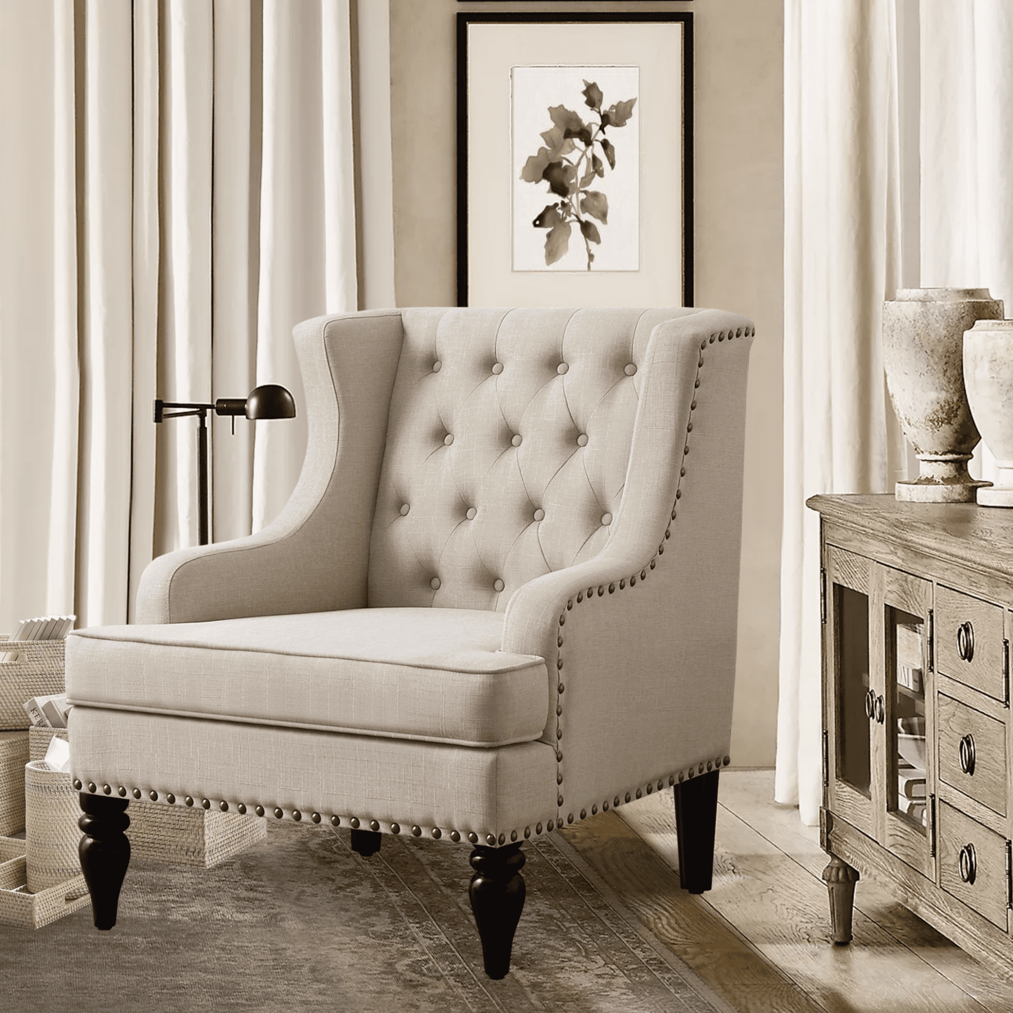 Gewnee Linen Accent Chair/Armchair with Solid Rubberwood Legs - Beige, Suitable for Living Room & Balcony