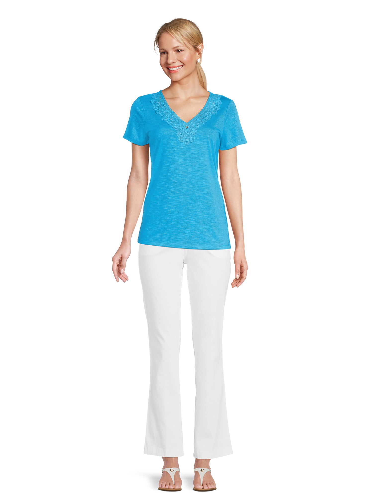 RealSize Women's Lace V-Neck Tee with Short Sleeves, Sizes XS-XXXL