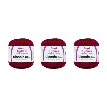 Aunt Lydia Classic Burgundy Crochet - 3 Pack of 350y/320m - Cotton - Gauge 10 - Crochet