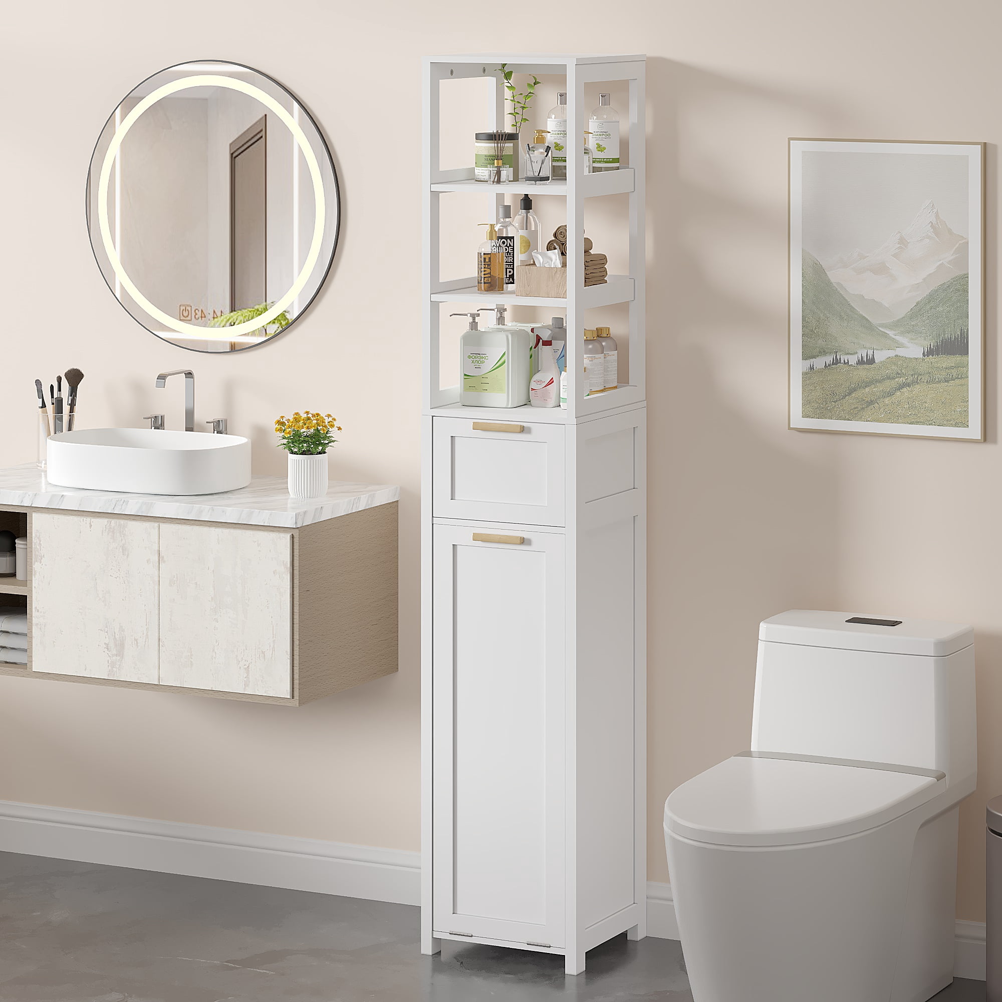 VECELO 66.9 Inch Tall Tilt Out Laundry Hamper Cabinet with Adjustable Shelves for Bathroom, Storage Organizer with Removable Laundry Basket for Laundry Room