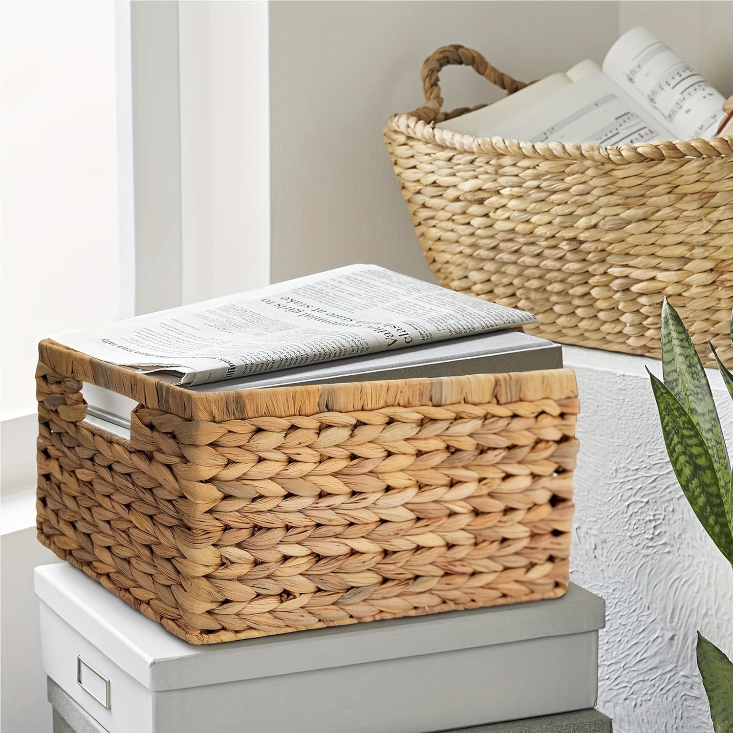 1pc Rectangular Storage Baskets, Water Hyacinth Seagrass Handmade Woven Basket, Shelf Baskets For Organizing, Storage Basket With Built-in Handles, Home Storage & Organization, Home Decor