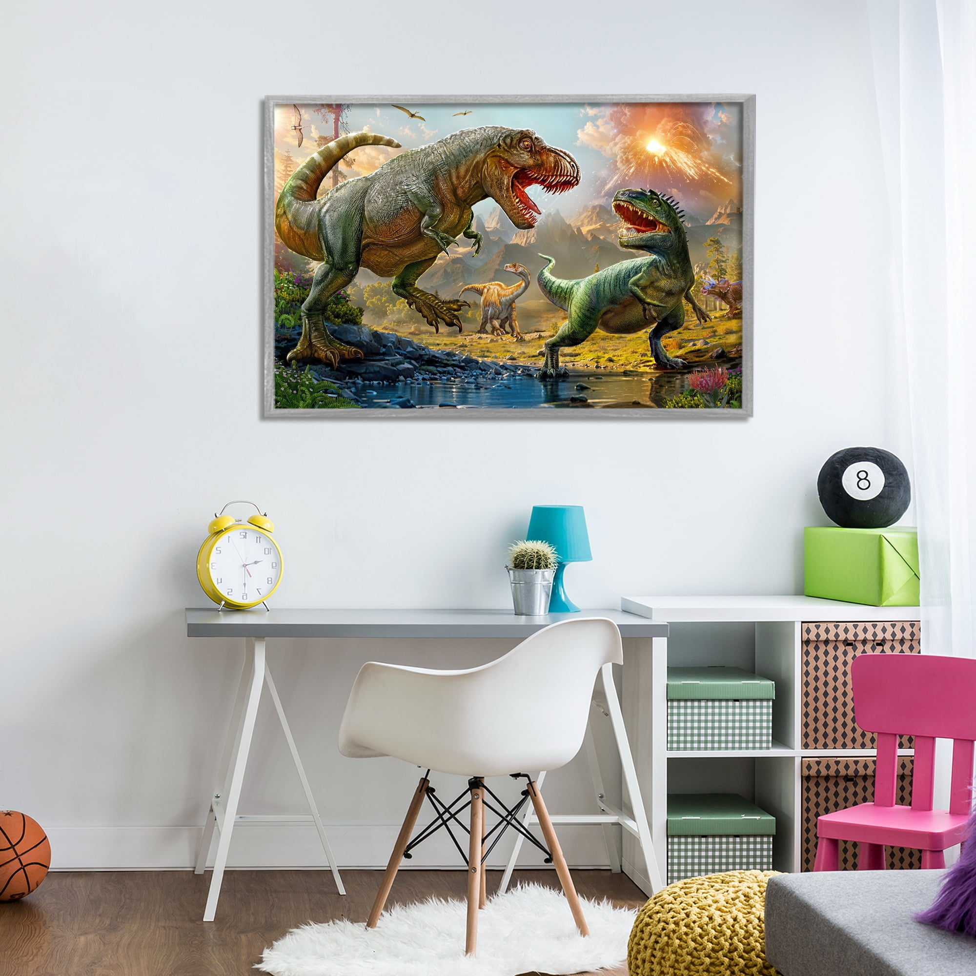 Stupell Industries T-Rex Encounter at Riverbank Gray Framed Giclee Art, design by Henriette Chinaglia