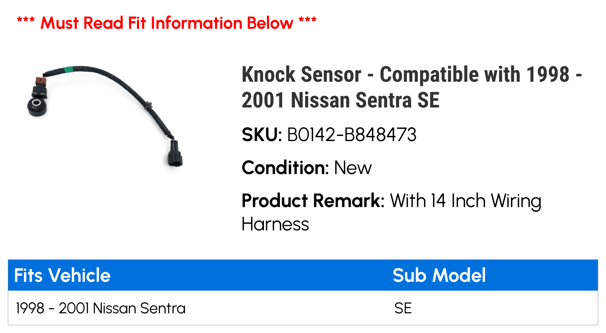 Knock Sensor - Compatible with 1998 - 2001 Nissan Sentra SE 1999 2000