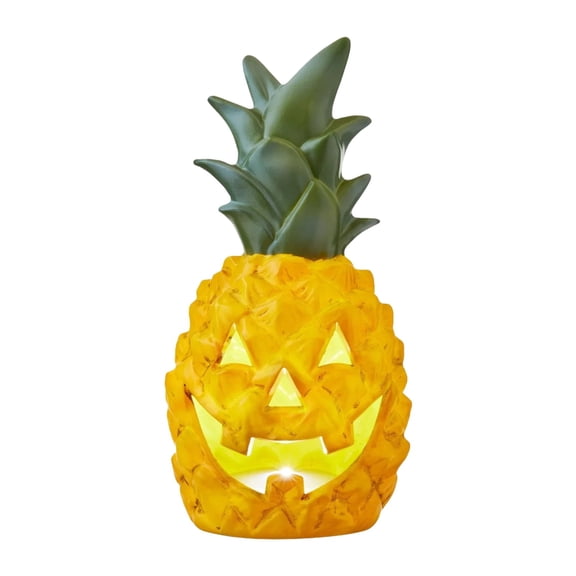 6.5-Inch Resin Light-Up Pineapple Jack-O-Lantern with Warm Yellow LED, Tropical Halloween Tabletop Decor with Wood Slice Base, 1-Piece