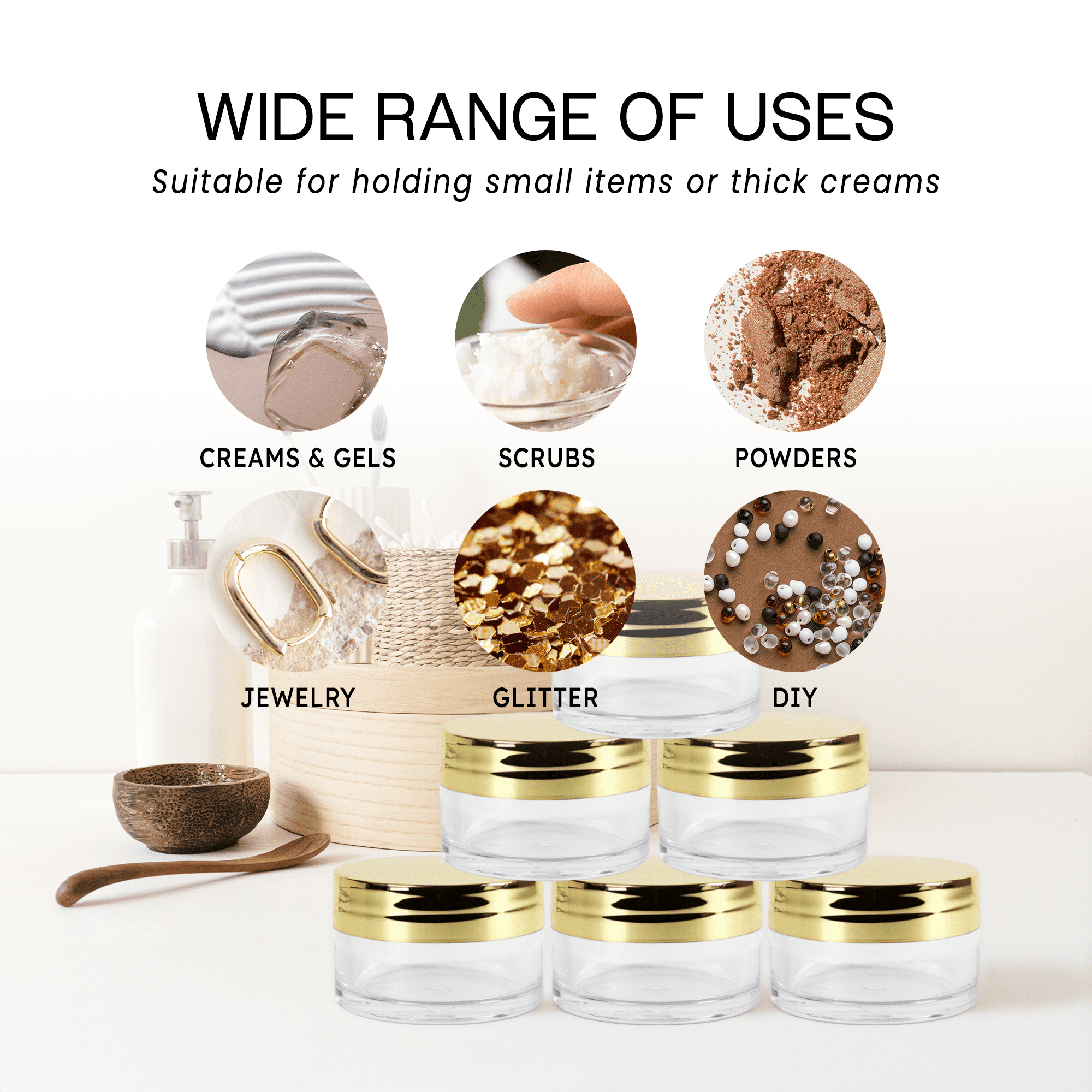 Beauticom 24 Pieces High Quality 20G/20ML Clear Round Acrylic Cosmetic Product Sample Travel Jars with Flat Top Lids (Gold)