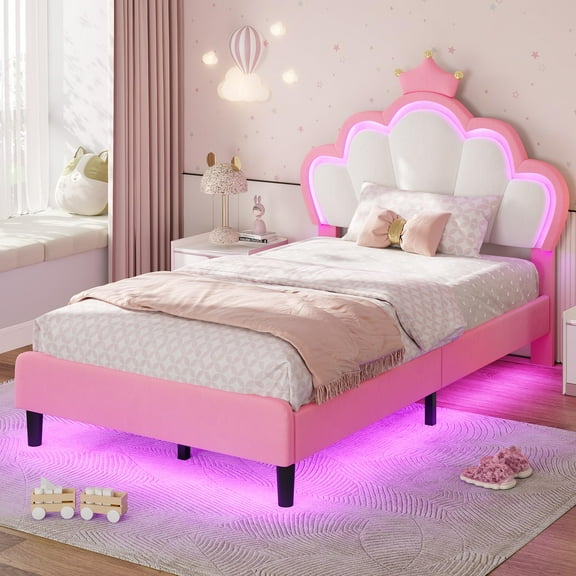 Amuzer Twin Princess Bed Frame with LED Lights,Adjustable Chic Double Shell Headboard, Velvet Upholstered Platform Bed Frame with Crown for Girls, Solid Wood Slats Support, Pink