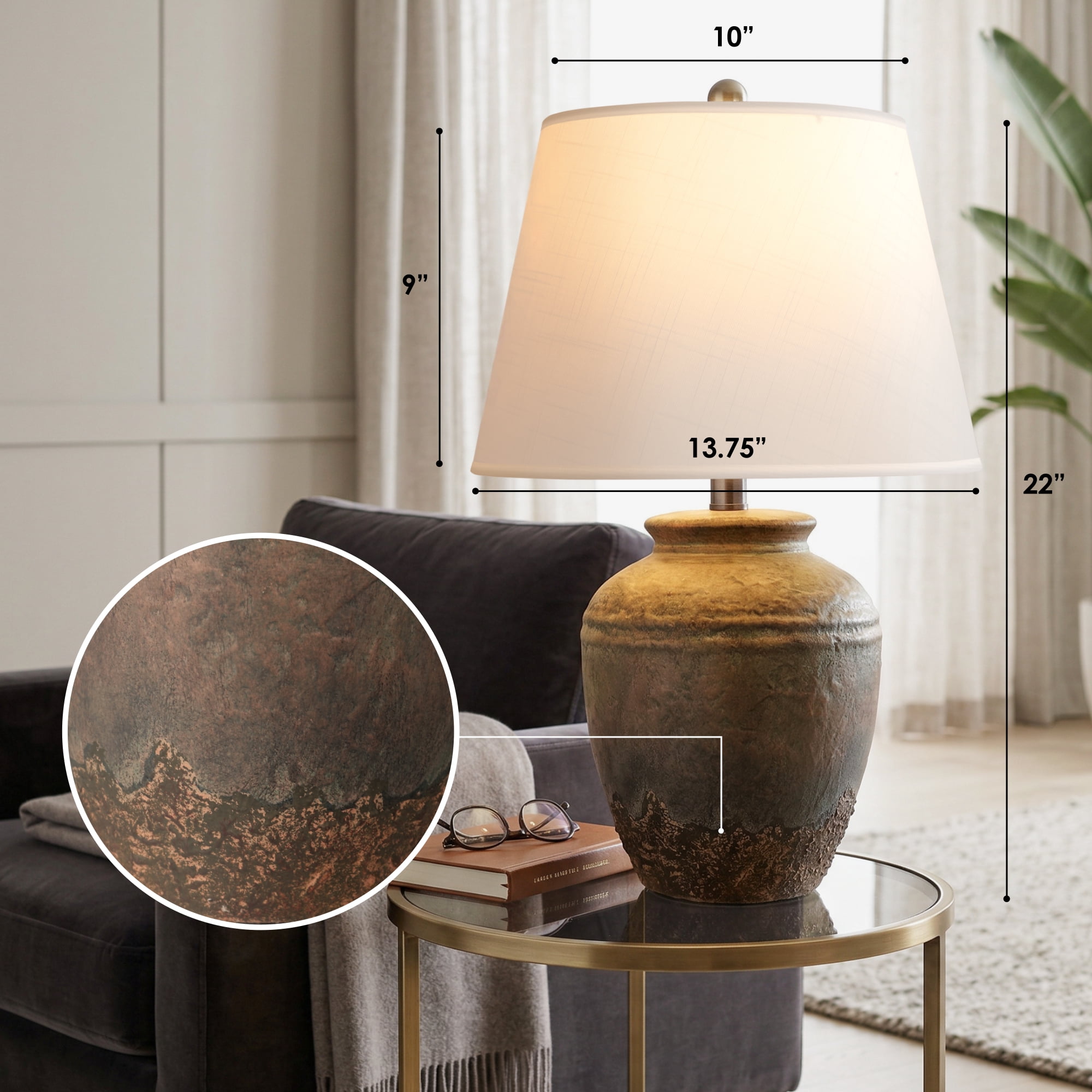 22in Rustic Ceramic Jar Table Lamp, Farmhouse Bedside Lamp, Vintage Textured Finish for Bedroom, Living Room, Office