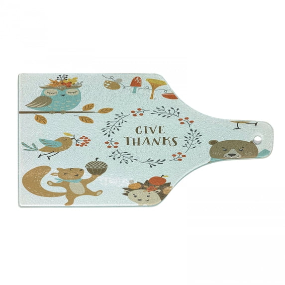 Thanksgiving Cutting Board, Giving Thanks Being Grateful Cartoon Animals Grizzly Bear Wild Mushrooms, Decorative Tempered Glass Cutting and Serving Board, Wine Bottle Shape, Multicolor, by Ambesonne