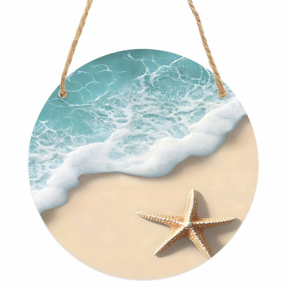 Beach Coastal Round Front Door Welcome Sign, 7.8 Inch Wall Hanging Decor for Indoor Outdoor, Summer Nautical Starfish Aqua Beige Home Porch Hanger Decorations for Holiday Gift