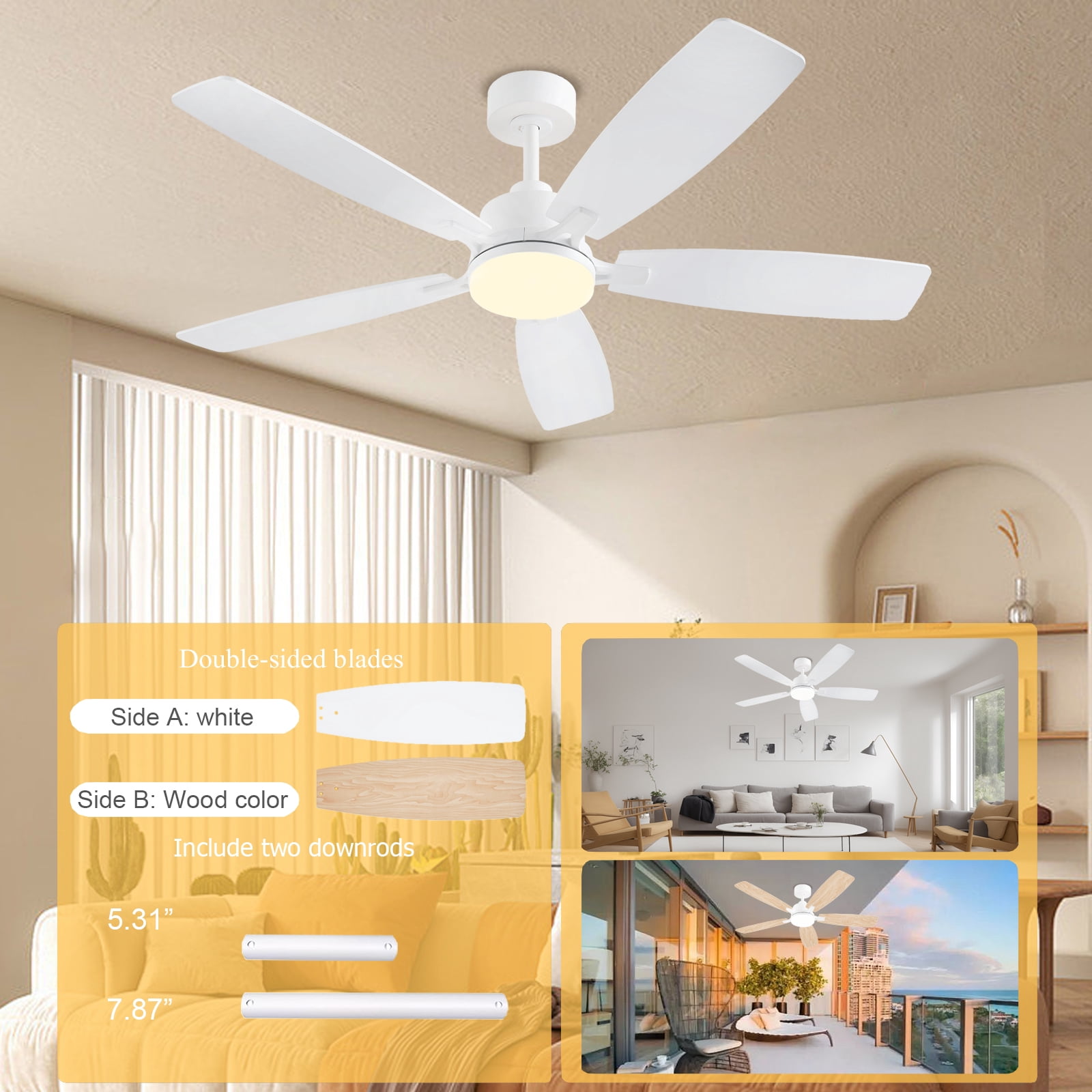 Low Profile Ceiling Fan with Lights, 52 inch Modern White Ceiling Fans with Lights APP/Remote Control,6 Speeds Ceiling Fan Light for Indoor/Outdoor Patio Bedroom Living Room