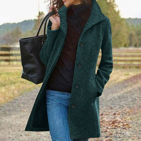 LIBRCLO Jackets for Women with Pockets Collared Soft Fitness Woolenen Coat Hoodless Casual Button Thick Long Sleeve Solid Color Outwear for Fall