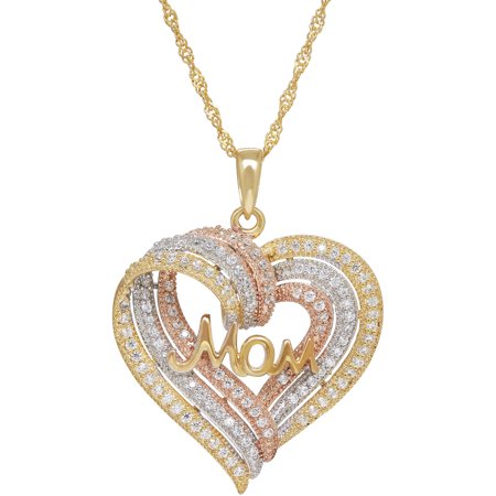 CZ Sterling Silver and 18kt Gold-Plate Tri-Color Mom Heart Pendant