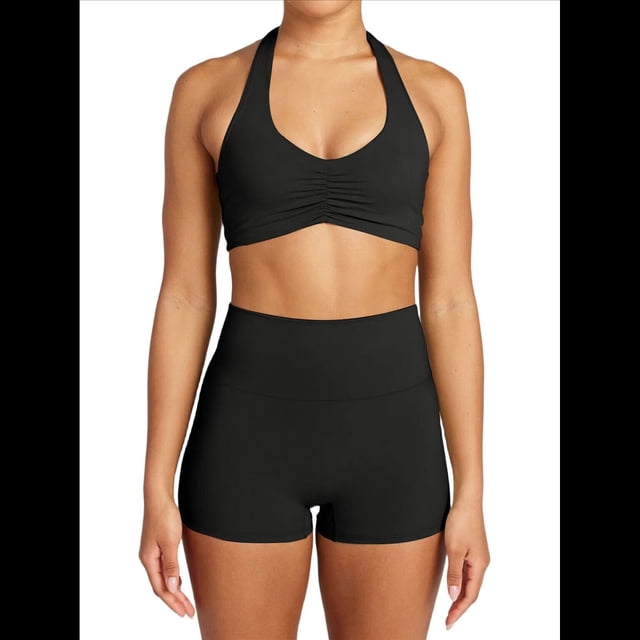 Conjuntos Entrenamiento para Mujer 2 Piezas,Sujetador Deportivo con Cuello Halter y Arrugas,Pantalones Cortos Ciclista Cintura Alta,Ropa Ejercicio para Gimnasio Yoga Negro L