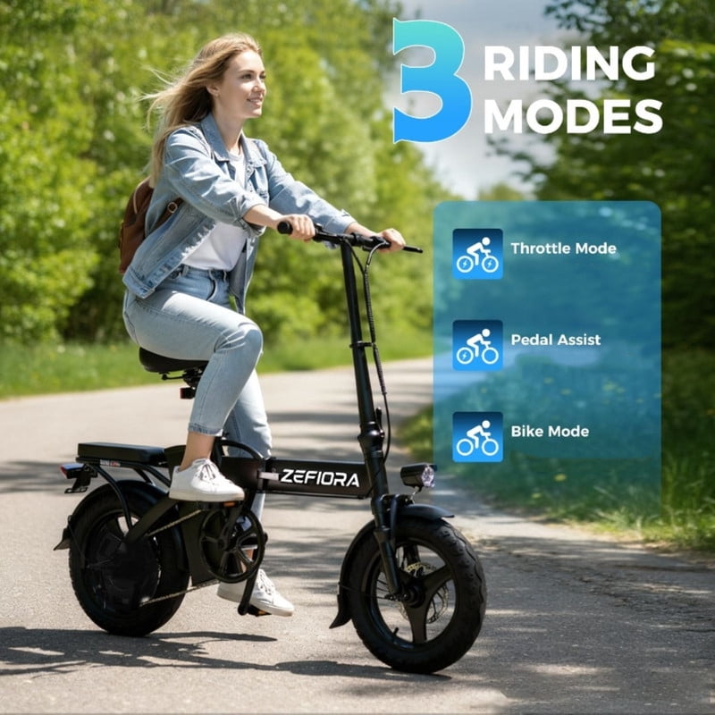 ZEFIORA Folding Electric Bike, 48V 10 Ah Removable Battery, 14" Dual-Seat Mini Electric Bike for Adult City Commuting, UL2849 Certified