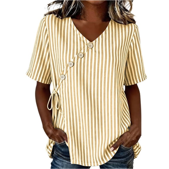 BUIGTTKLOP Blouse for Women Dressy Casual Summer V Neck Button down Cotton Linen Shirts Tie Front Short Sleeve Beach Vacation Tops