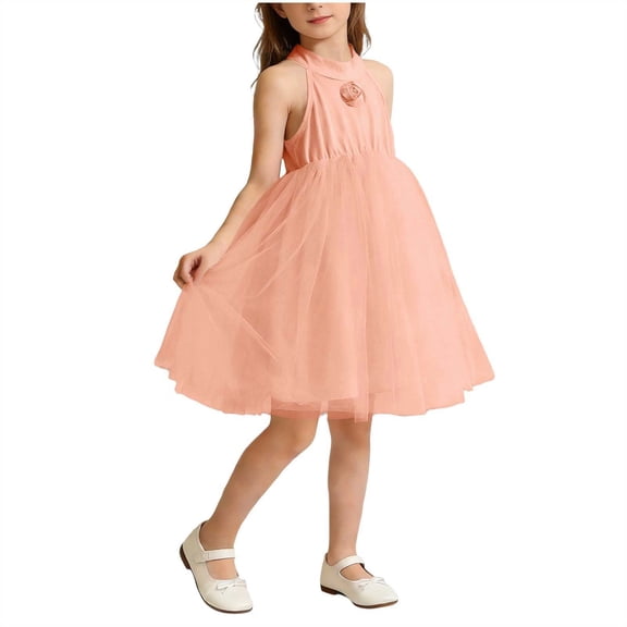 Girls Halter Neck Tulle Dress Pink Kids Flower Girl A-Line Party Dress with Floral Applique Knee Length for Wedding Birthday,Size 5-6 T