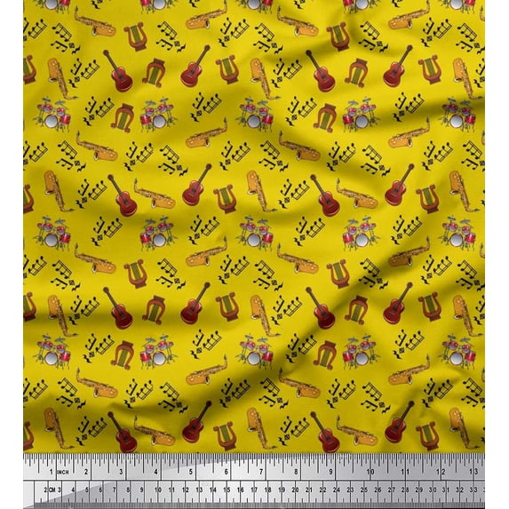 Soimoi Japan Crepe Satin Fabric Drumkits,Guitar & Trumpits Musical Instrument Print Sewing Fabric Yard 42 Inch Wide
