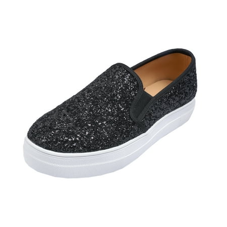 

Feversole Women s Fashion Slip-On Sneaker Casual Platform Loafers Glitter Black Size 6 M US