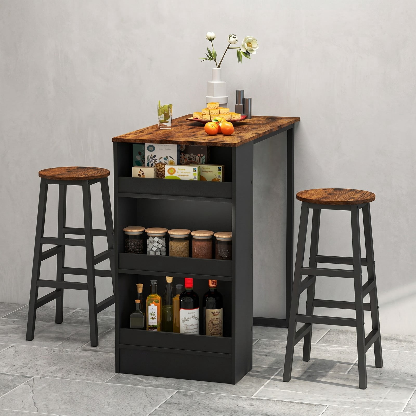 Furnibear 3-Piece Bar Table Set with Storage Shelf, Industrial Counter Height Pub Dining Table and 2 Stools for Kitchen Dining Room Restaurant, Space-Saving Bar, Brown