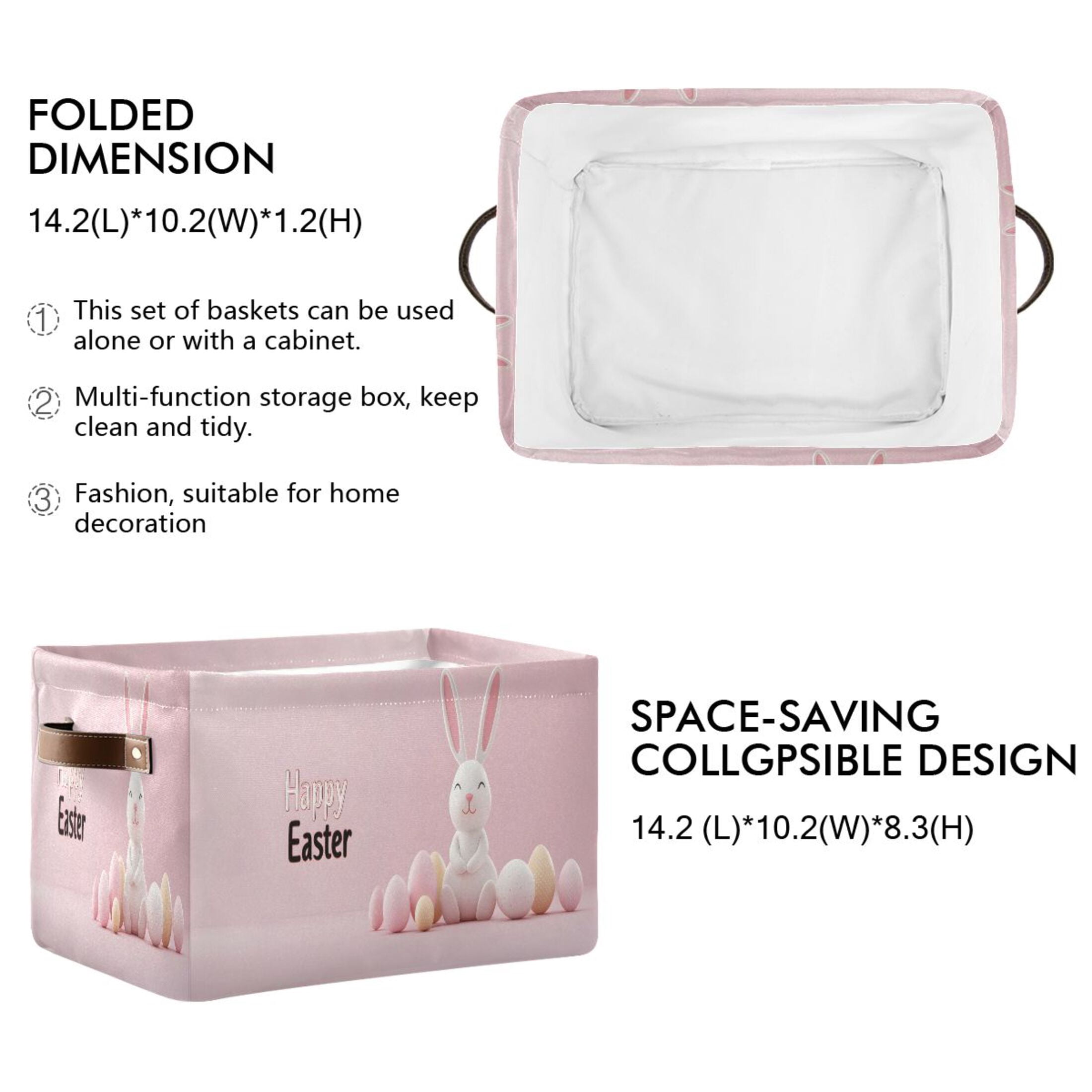 Ryvnso Cute Happy Easter Rabbit Storage Basket Large Bin Foldable Boxes Toys Organizer 14.2x10.2x8.3in 2 PCs