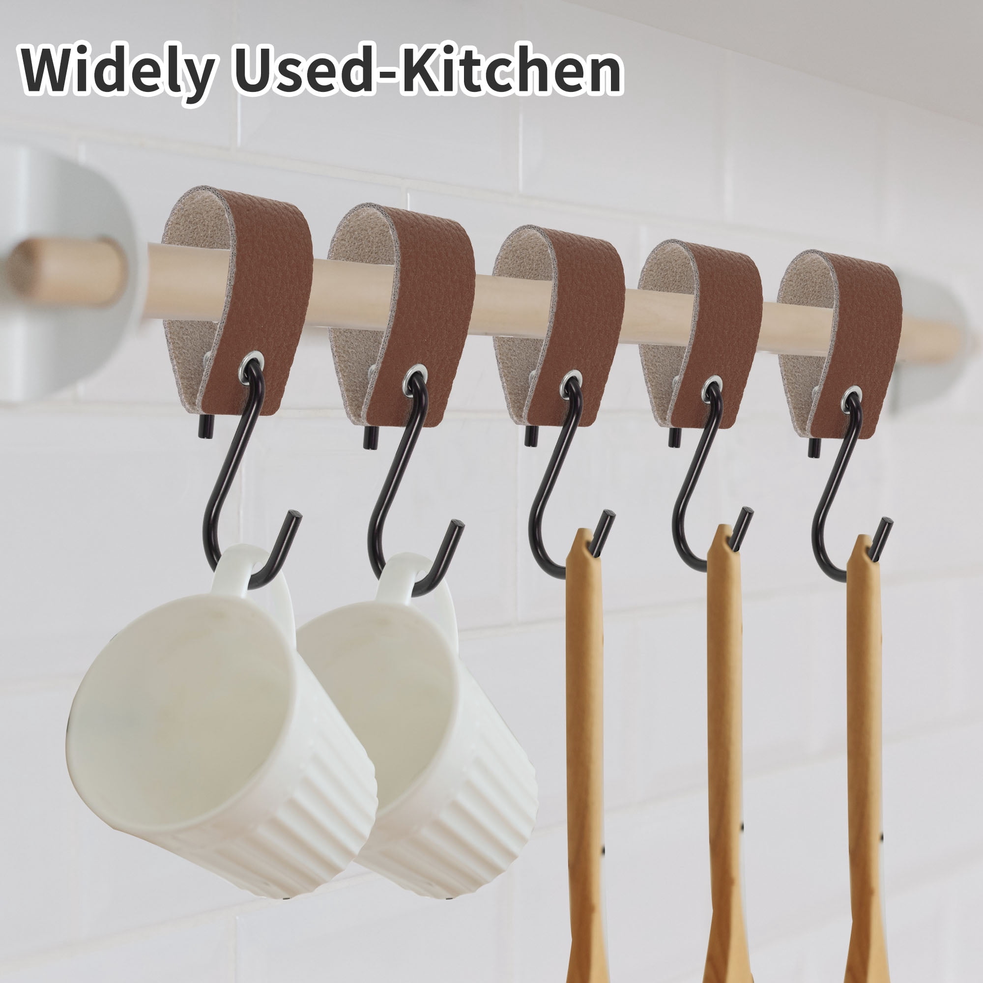 Unique Bargains Pack of 5 S Hooks with Leather Loop for Wardrobe Deep Brown