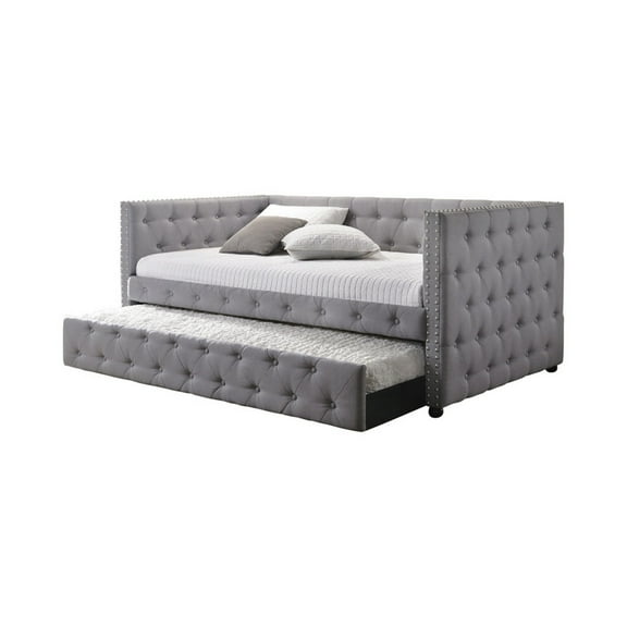 Fabric Upholstered Button Tufted Twin Daybed with Nailhead Trims, Gray- Saltoro Sherpi