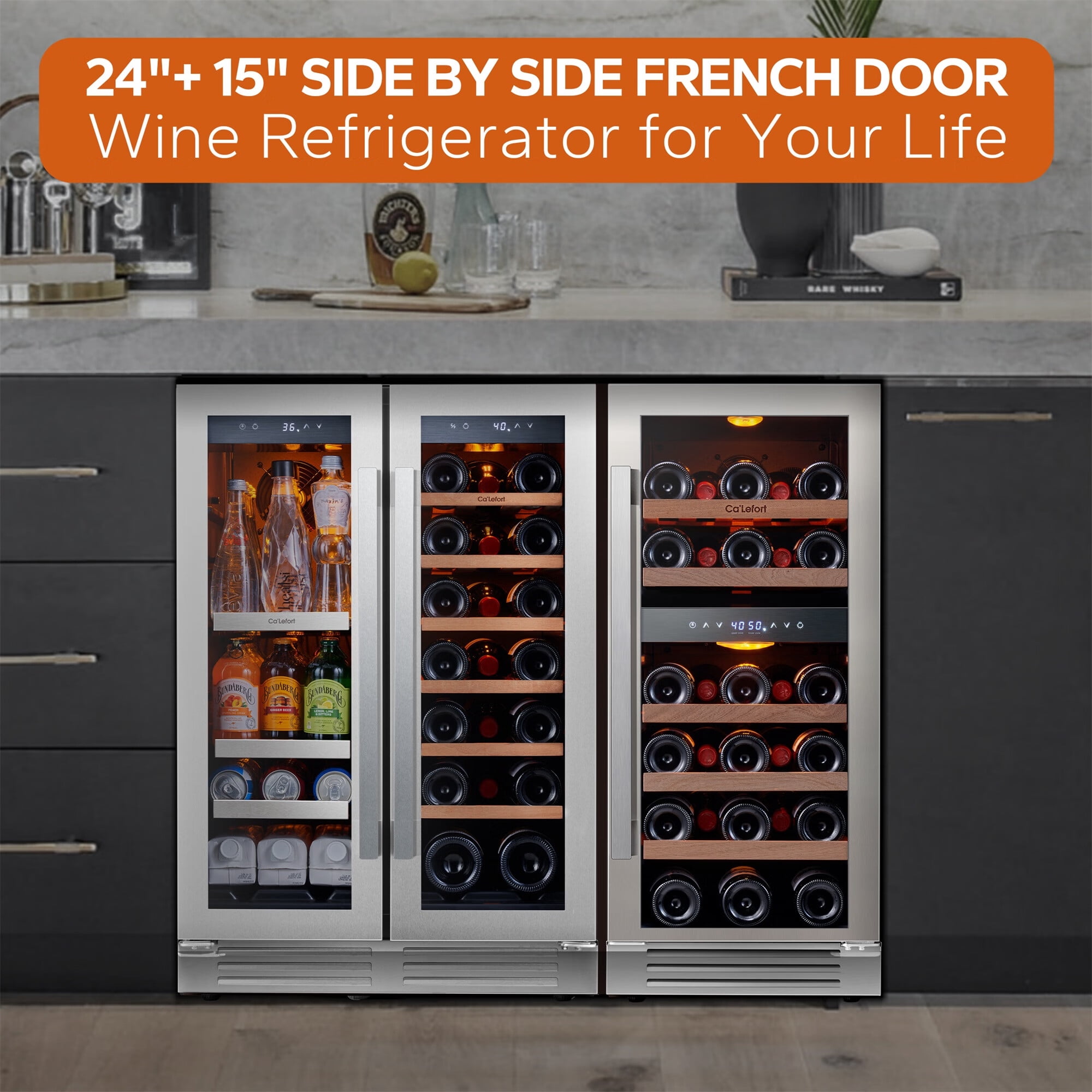 Ca'Lefort Wine Cooler Beverage Refrigerator, Hold 60 Cans and 48 Bottles Dual Zone Wine Fridge Freestanding & Built-in with Stainless Steel frame for Kitchen Office