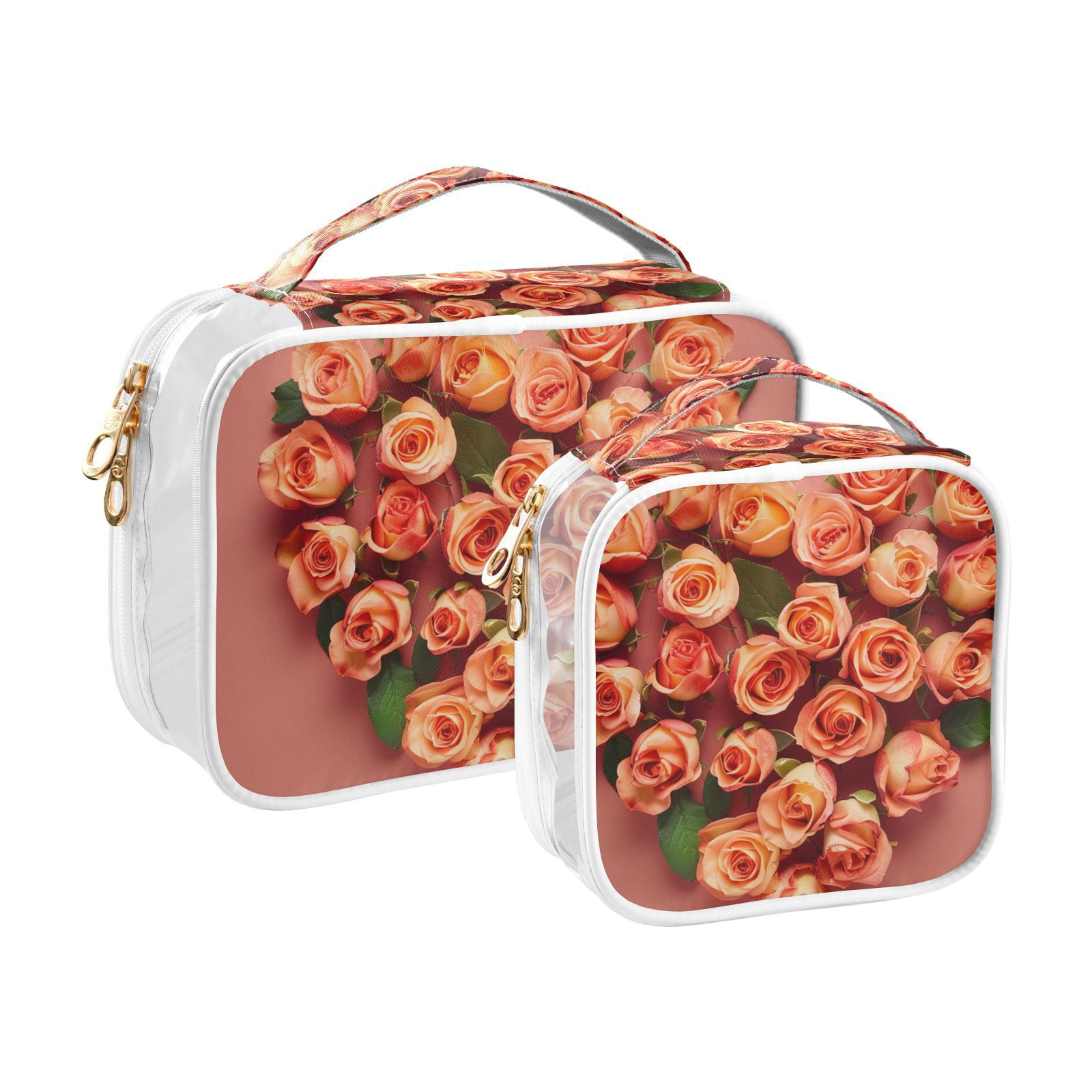 Clear Makeup Bags with Handle Large Opening 2 Pack Set Toiletry Bag Quart Size Bag, for Women Man Traveling Travel Essentials, Toiletries and Other. Roses Heart Shape