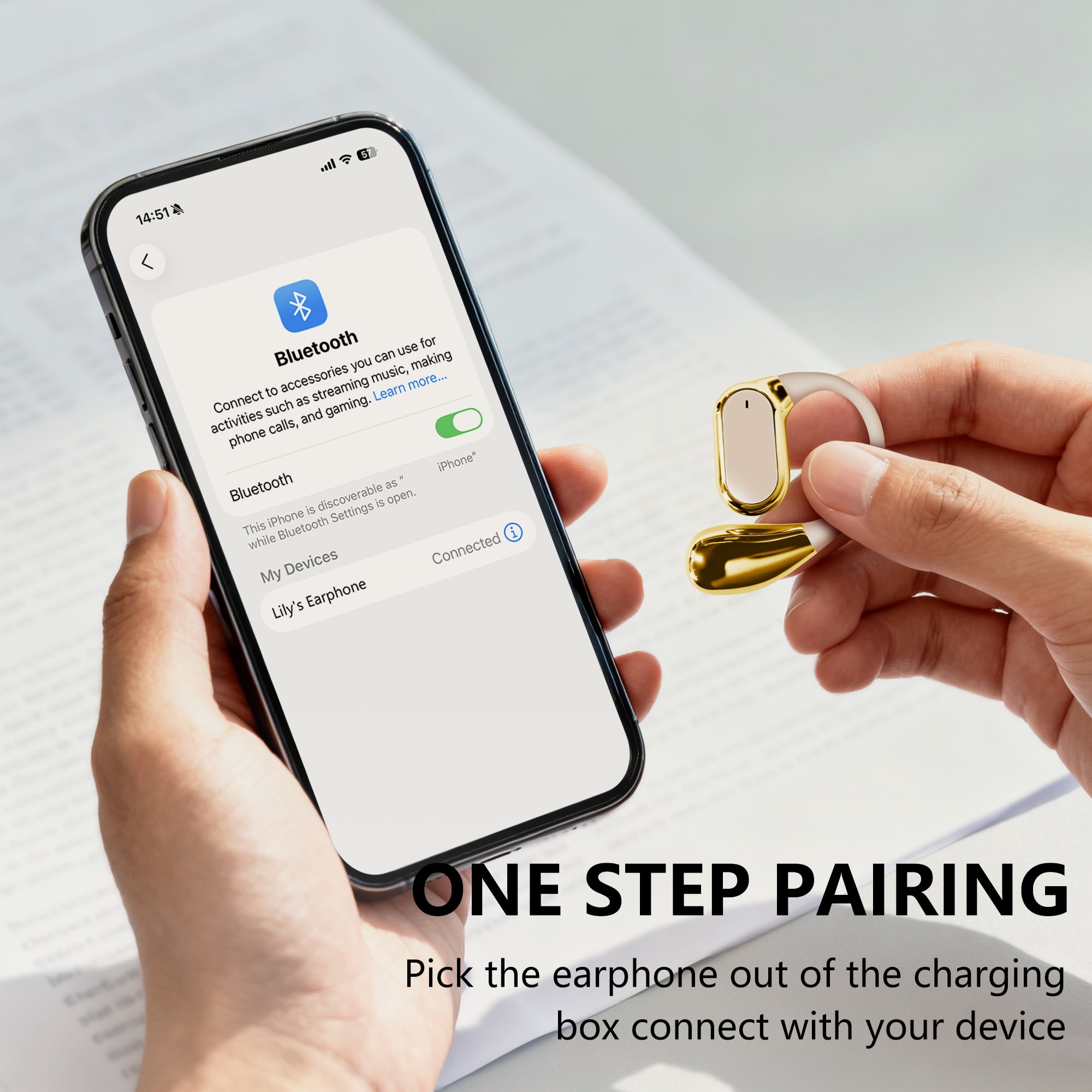 True Wireless Stereo Earphone, Open Ear Touch Control Bluetooth Headphone with Earhook, Type-C Charging Earphone for Meeting/Travel/Video/Game, Gold