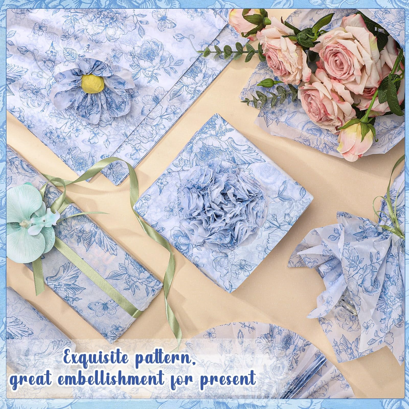 120 Sheets Tissue Paper 14x20",for Wedding,Baby Shower,Mother's Day,DIY Crafts,8 Designs(Blue Baby Shower,Blue Floral,Gold,Pink,Pink Baby Shower,Sage Green,Sage/Beige,White/Gold Thank You)