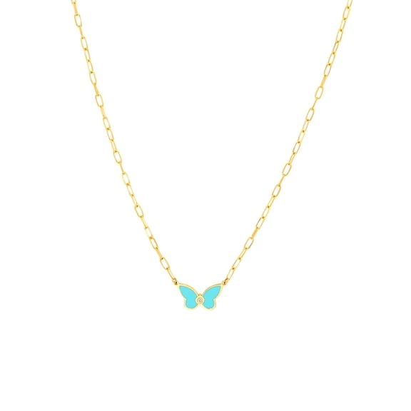Honey Crush Real 14K Yellow Gold Turquoise Enamel 1.5pt Diamond Butterfly Necklace (12x7.4mm, 18in)